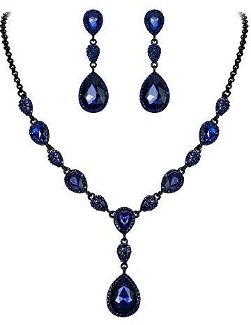 Clearine Juegos de Joyas de Mujer Conjunto de Cristales Forma Agua Gota Lágrimas Collar y Pendientes para Novia Boda Fiesta Elegante,Color Azul Negro-Tono