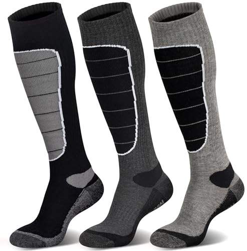 Hylaea Merino Wool Ski Socks, Cold Weather Socks for Snowboarding, Snow, Winter, Thermal Knee-high Warm Socks, Hunting, Outdoor Sports (3 Pairs (Black Grey Grey), Large)