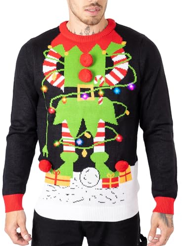 NOROZE Men's LED Christmas Jumper Unisex Gift Tree Elf Santa Xmas Sweater Pullover Top (L, Elf Light Plug Black)