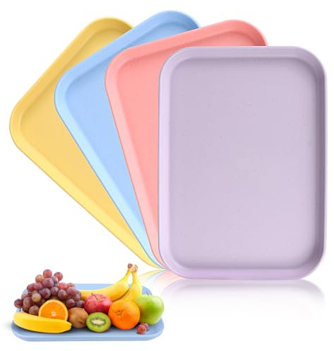 Tablett Serviertablett Klein, Pack of 4 Serving Tray， Frühstückstablett, Kleines Tablett, Tablett Serviertablett for Restaurant, Cafe, Kitchen, Party (Pink, Blue, Gelb, Lila)