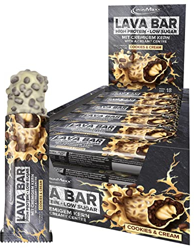IronMaxx Lava Protein Bar Cookies and Cream - 18 x 40g High Protein Riegel mit bis zu 34% Eiweiß, Zuckerreduzierter Riegel mit cremigem Kern und knusprigem Topping
