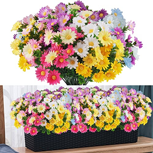 12 Bundles Artificial Fake Flowers for Outdoor Decoration,UV Resistant Faux Plastic Fabric Greenery Shrubs Plants Fake Flowers Hanging Planter Kitchen Home Wedding Office Garden