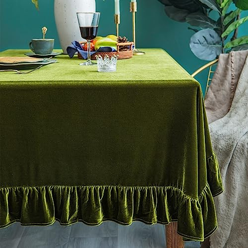 GLORY SEASON Velvet Tablecloth Luxurious Solid Rectangle Table Cloth,Oblong Retro Farmhouse Ruffle Tablecloths Washable Table Cover for Party Olive Green,52x70 Inches
