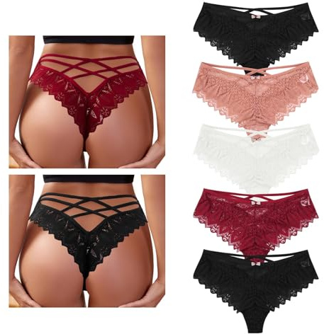 Lishang 5 Pack String Femme Sexy Chic Tanga Dentelle Culotte Basse Femme Slips Culottes Strings Bikini sous Vêtements Tentation Panties