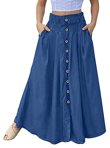 Gonna in jeans con bottoni, da donna, lunga, maxi gonna estiva, in jeans, leggera e ariosa, con tasche, estiva, gonna da spiaggia, con elastico, in denim, da skater, taglie grandi, elegante, Blu, M
