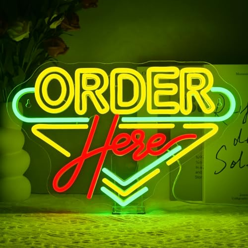 SIGNSHIP Order Here Pizarra de neón, cafetería, luces de neón, decoración de pared para restaurante, tienda, bar, supermercado, regalo de apertura, letrero de neón, letrero de caja registradora