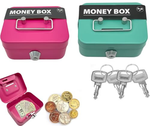 2 Piezas Caja Caudales, Caja Fuerte Pequeña, Caja Dinero Efectivo, Caja Dinero Con Llave, Caja Fuerte Portátil, Ideal Para Guardar Dinero, Monedas y Otros Objetos (Rosa, Verde)
