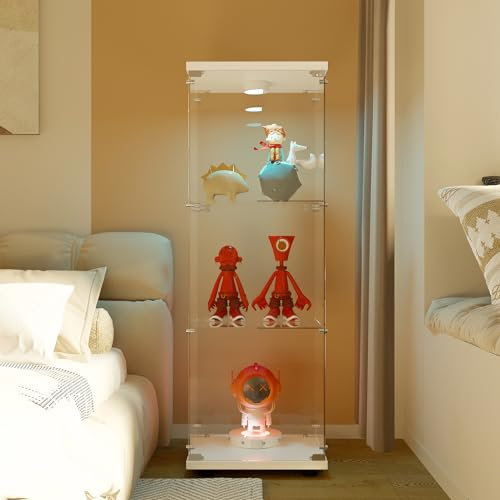 RTYUSWL 125 x 42 x 36 cm vit glasvitrin stående vitrinskåp, 3 lager glas trä monter vitrinskåp, med LED och lås glasvitrinställ för vardagsrum stående hylla av glas