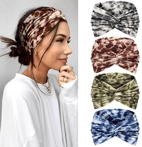 Kavya Bandeau Cheveux Femme Serre Tête 4 Pièces – 7'' Extra Large Élastique Boho Multicolore, Bandana Foulard Cheveux Femme Headband Accessoires Cheveux Mode pour Yoga, Sport & Running