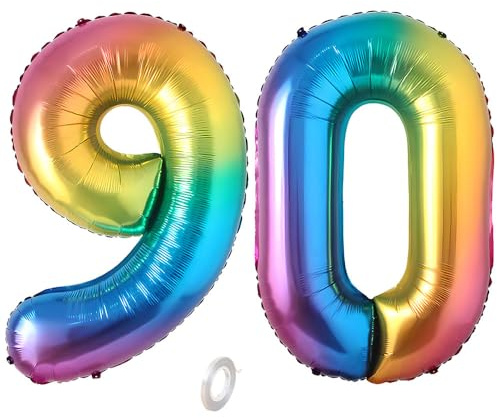 Balorise 40 Inch Giant Aluminum Balloon Rainbow Number 90, Inflatable Helium, Large Number 0-9, 10-100 (101 cm), Foil Balloons Decoration for Birthday Party and Wedding