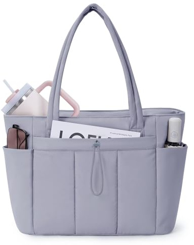 Wandering Nature Bolso Mujer Acolchado Grande, Bolso Shopper Mujer con Compartimento para Portátil 15.6 y Portabotellas 40oz para Negocios Escuela Viajes, Gris Azulado(Patente en Trámite)