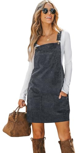 CUPSHE - Vestido con peto para mujer, con escote cuadrado, tirantes, bolsillos, cordón, vestido con peto, mono, vestido de ocio, mini vestido de sarga, gris, S