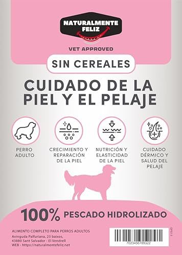 Pienso Veterinario Cuidado de Pelaje y Piel para Perros Naturalmente Feliz | Hipoalergénico sin Cereales | Salmón Hidrolizado y Péptidos | Freshtrusion HDP | Omega 3 & 6 | 1,5 kg