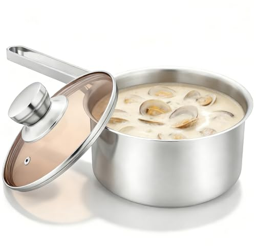 Stielkasserolle 18cm, Kochtopf Induktion Mit 3-Lagen Boden, Edelstahl Milchtopf Mit Deckel, Stainless Stielkasserolle Für Alle Herdarten, Gesund Ungiftig, Spülmaschinenfest