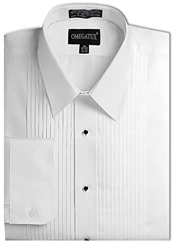 OmegaTux Mens Formal Laydown Spread Collar Tuxedo Shirt, 1/4 Pleat White (OMTX600-17.5-35)