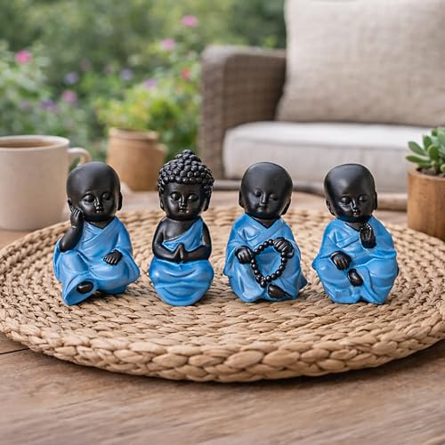 Garden Mile Set of 4 Mini Buddha Figurines Small Resin Zen Ornaments for Home Decor, Desk, Shelf or Garden Spiritual Decor Meditation Statues for Indoor Outdoor Use Waterproof Feng Shui Monk Figures