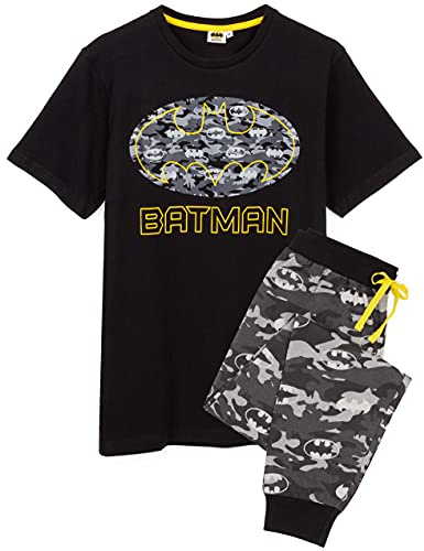 DC Comics Batman Pyjamas For Men | Short OR Long Leg Bottom Options Camo PJS | Adults Superhero Black T-Shirt & Adjustable Drawstring Loungepants Gift