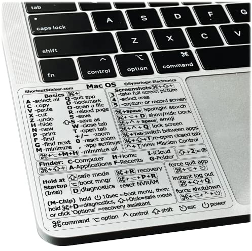 SYNERLOGIC Mac OS (Ventura/Monterey/Big Sur/Catalina/Mojave) Keyboard Shortcuts, M1/M2/Intel No-residue Clear Vinyl Sticker, Compatible with 13-16-inch MacBook Air and Pro (Pack of 10)