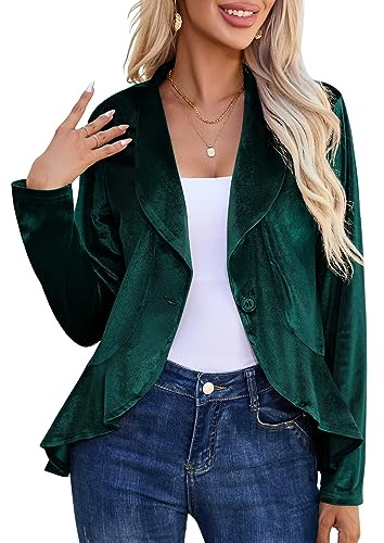 KOJOOIN Womens Long Sleeve Velvet Blazer Jacket Suit Open Front Ruffle Work Office Cardigan Coat Velvet-Dark Green M