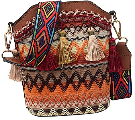Duiaynke Frauen Stickerei Schulter Handtaschen, Boho Stil Helle Fransen Mode Eimer Tasche, Crossbody Taschen, Handtasche, Kaffee