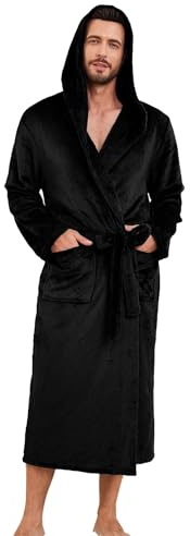 EK4YDNDS Men's Hooded Robe, Soft Warm Fleece Long Bathrobe with Pockets