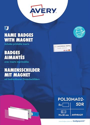 Badgepoint polar30 namnskyltar (70 x 30 mm, 5 skyltar med magnet, vridsäker, med tryckark för namnkort och mallar för tryck, magnetiska namnskyltar för kläder) antracit