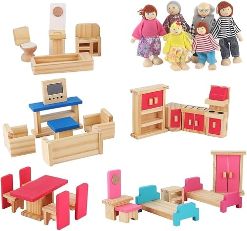 DAJASD Puppenhaus Puppenfamilie Set, Puppenhaus Möbel Zubehör, 31PCS Puppenhaus Zubehör, Puppenhaus Möbel Holz mit 6 Puppen, Puppenhaus Puppenfamilie Set für Puppenhaus Lebensszene Dekor