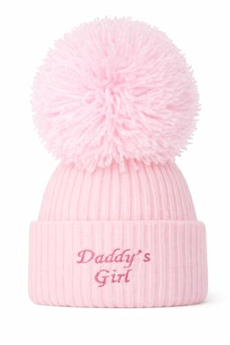 SOHOBABY™ British Made Single Pom Baby Girl Embroidered Baby Hats (UK, Age, 0 Months, 3 Months, Pink (Daddys Girl))