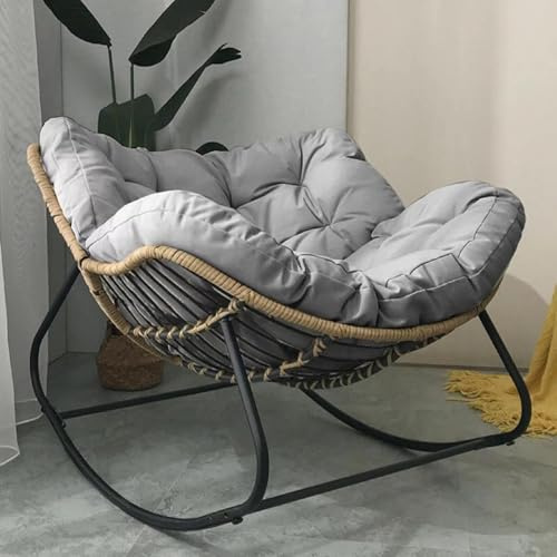 Patio Rocking Chair Outdoor Papasan Chair with Cushion Padded, Indoor Oversized Rattan Wicker Lounge Chair, Egg Rocking Chair Rocker Chair Metal Frame Large Supports Modern Chair (Light Grey)