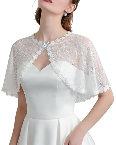 White Lace Shawl for Women Elegant Short Floral Bridal Lace Shawl Cape Wedding Capelet Cloak Cover Up Wraps Shrug for Formal Evening Dresses Party Wedding Bridal Bridesmaid Cape