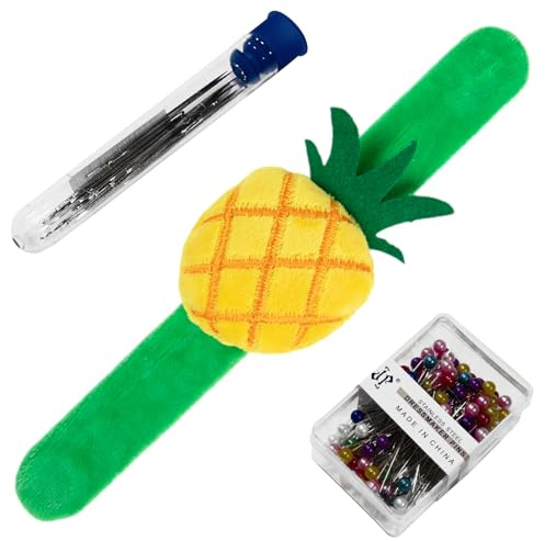 Pineapple Wrist Pin Cushion for Sewing, Snap Bracelet Wrist Bands Pincushion Organizer for Pins and Needles Include 80 Pearl Ballhead Pins and 18 Sewing Needles