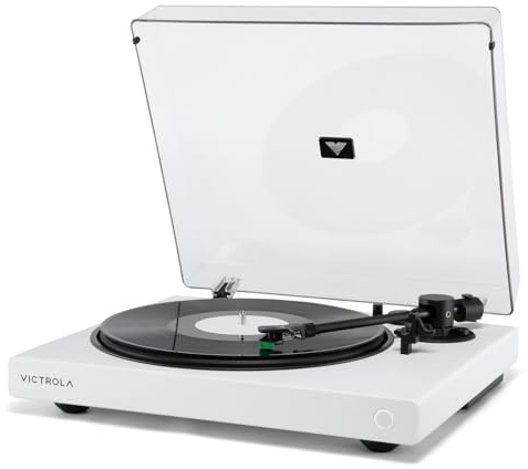 Victrola Wave – Bluetooth-skivspelare med Auracast – 2-hastigheters vinylspelare, Audio Technica AT-VM95E pickup, Hi-Res aptX HD och adaptiv Bluetooth-streaming, Auracast Broadcast Audio (Vit)