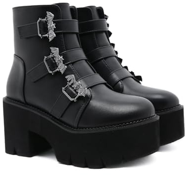 FhiHUEpr Bottes de Combat à Plateforme à Semelle antidérapante Punk Rock pour Femmes - Bottines Grande Taille pour la Marche, Les Concerts, Les vêtements décontractés Quotidiens,Noir,36 EU