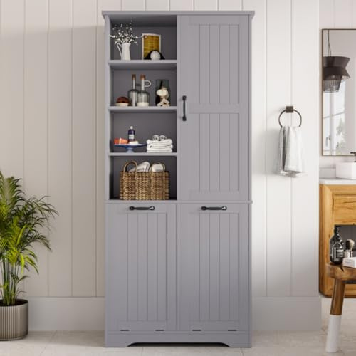 ZHOMGG Meuble Salle de Bain Haute, Armoire Salle de Bains avec Rangement Ajustable, 2 Paniers à Linge, Finition Anti-Humidité, Design Épuré, 78 x 35 x 172 cm (Grey)