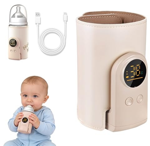 Chauffe Biberon Portable, Chauffe-biberon Sans Fil USB, Écran LED, 6 Niveaux de Température 38-50°C, Chauffe-biberon Électrique 8000mAh pour Lait Maternel, 24 Heures d'isolation pour Voiture et Voyage