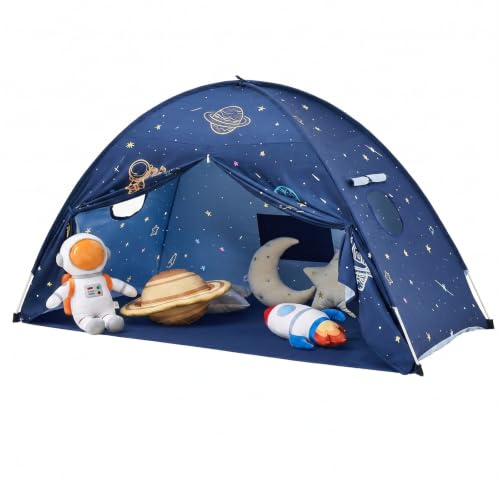 Tente de Jeu Enfant : Cabane Intérieure avec Sol, Tente de Lit Pliable pour Chambre et Salle de Jeux, Coin Lecture pour Jouer, Lire et Dormir, Cadeau pour Filles et Garçons (Bleu foncé – Espace)