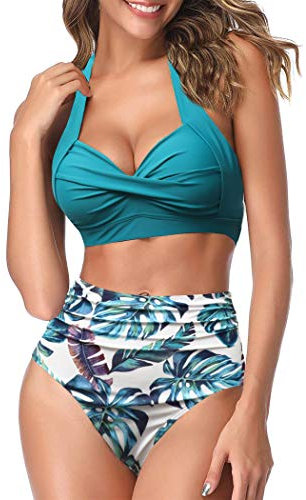 AOQUSSQOA Women Two Piece Tankini Swimsuits High Waist Halter Vintage Bikini Set Ladies Swimwear(Navy Blue, L)