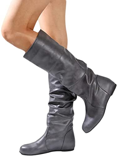 ORANDESIGNE Stivali in Pelle da Donna Stivali Medi con Punta Tonda e Tacco Grosso Comodo Caldo Stivali Alti Autunno Inverno A Grigio 38 EU