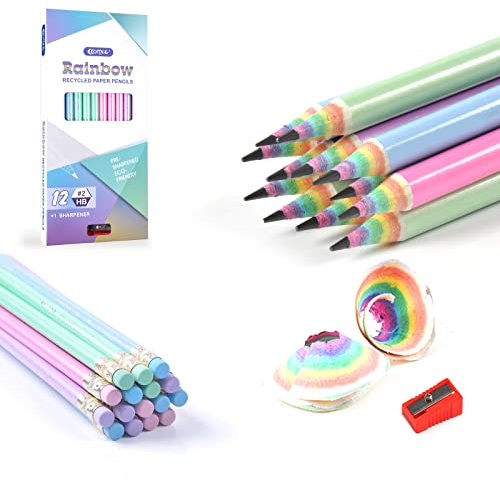 ECOTREE Pre-Sharpened Pencils #2 Cute Number 2 Pencils with Erasers for Kids Eco Rainbow Paper Pencil for School, Writing, 12 Count