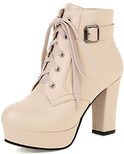 Lroey Reoly Botines Mujer Tacón Ancho, Botines de Vestir Moda Zip Botines Tacón Alto Punta Rojoonda con Plataforma 545 Beige Talla 34 EU