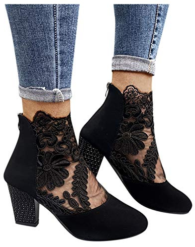 Sandalen Damen mit Absatz Weiß Sandalen Damen Spitze Pumps Schuhe Blockabsatz Stiefeletten Runder Spitze Blumenmuster Mesh Hohle Tüll Strass Sommerstiefel Reißverschluss Freizeit Atmungsaktiv Schuh