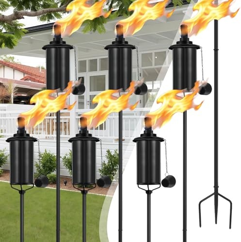FAN-Torches Home Garden Torch Set of 6, 16oz Outdoor Metal Torch Garden Décor, 59-Inch Upgraded Citronella Torches with 3-Prong Grounded Stake, Metal Light Torches for Party Patio Pathway