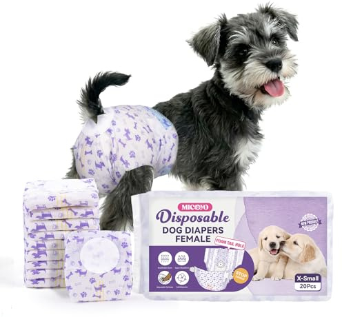 MICOOYO Dog Nappies Female 20 count, Disposable Dog Period Pants with Adjustable Tail Hole, Super Absorbent Diapers for Female Dogs Cat in Heat Season Incontinence(XS)