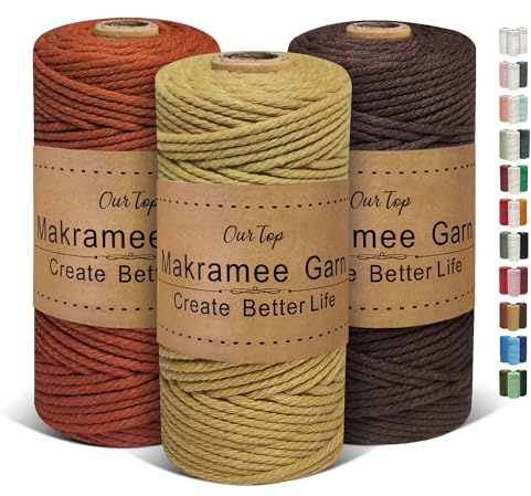OurTop Hilo Macrame 3mm x 100m, Juego de 3 Cuerda Macrame Cordon Macrame Hilo de Macramé para Manualidades, Colgar de La Pared, Decoración Bohemia(Café, Rojo Ladrillo, Marrón)
