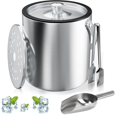Seau à Glace, 3L Bac à Glaçons Rond Avec Passoire et Pince à Glace, Seau à Glace avec Pelle, Bac à Glaçons en Inox, Refroidisseur de Glaçons Pour Bar, Fête, Pour Conserver Glace et Refroidir Boissons