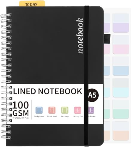Thboxes A5 Notebook, 80 Sheets A5 Lined Wirebound Spiral Notepad, 100GSM College Ruled Notebook with 24 Labels for Women Men Office School,15 X 21.5 cm, Black