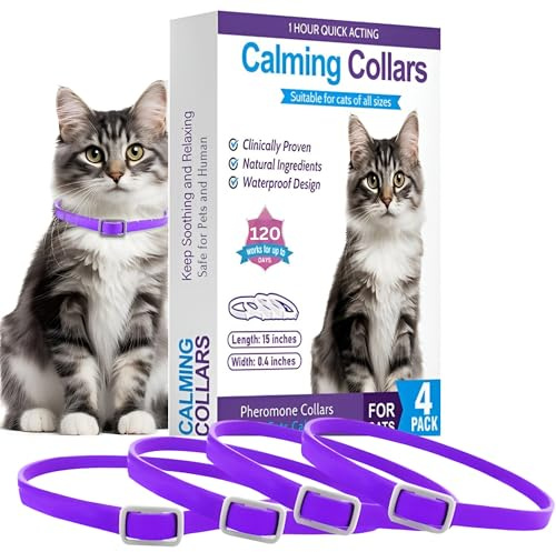 4-Pack Cat Calming Collar - 120 Days of Continuous Calm - Pheromone Anxiety Relief for Cats & Kittens - Reduces Scratching, Meowing & Urine Marking - Adjustable & Safe Waterproof Breakaway Design