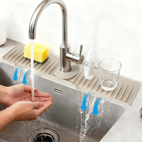16 Silicone Faucet Mat for Kitchen Sink Released in 2025/12TH,8° Slope Fast Self-draining-Kitchen Sink Splash Guard,Bathroom Kitchen Sink Area Water Splash Guard Behind Faucet Draining Mat Beige