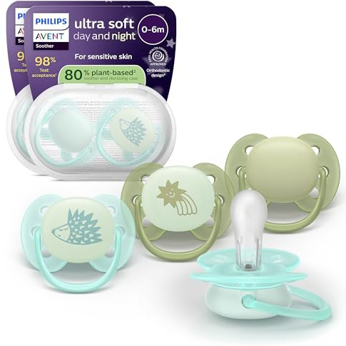 Philips Avent Ultra Soft Day & Night-nappar – ortodontisk design för barn 0–6 månader, lyser i mörkret, symmetrisk silikonnapp, BPA-fria, med steriliseringsfodral, 4-pack, SCF094/09