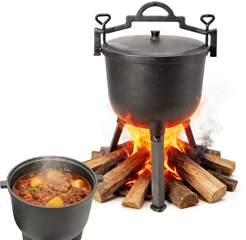CDZHLTG Caldero de Hierro Fundido 8L, Hervidor de Caza con 3 Patas y Tapa, Olla para Fogata, Camping y Barbacoa, Horno Holandés para Jardín, Marmita de Hierro Natural para Exterior
